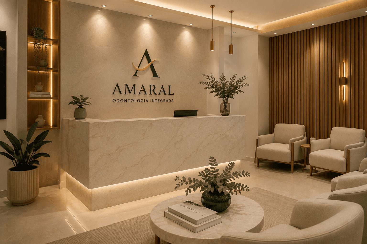 Recepção da Amaral Odontologia Integrada, com balcão em mármore e sala de espera.