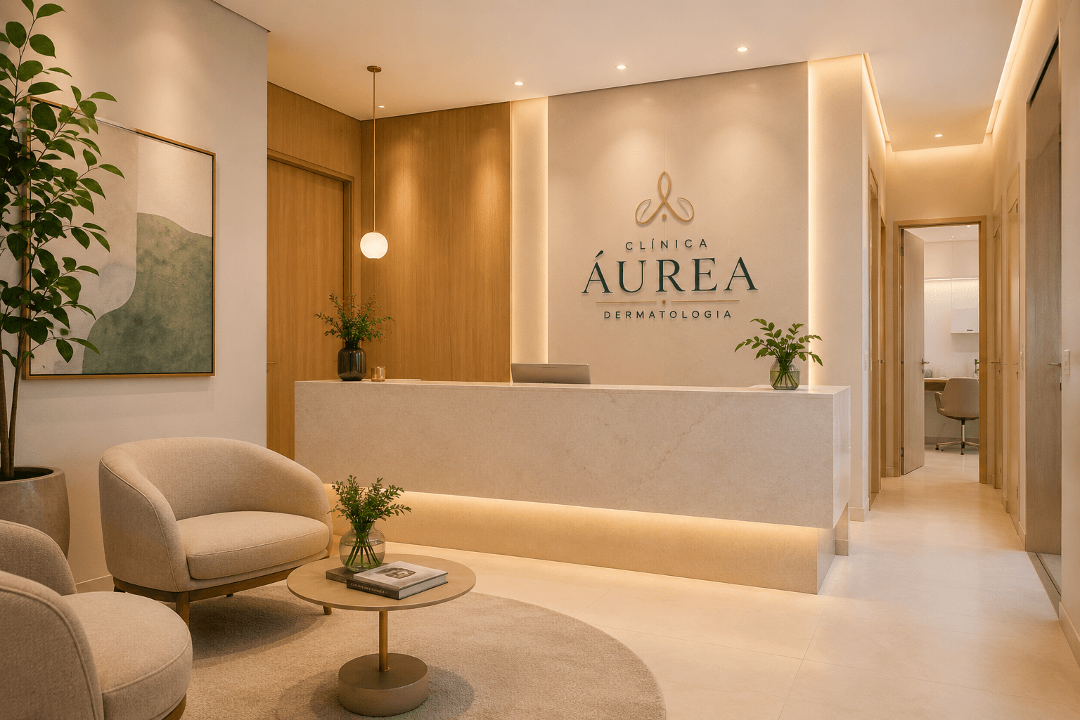 Recepção da Clínica Áurea, com balcão claro, poltronas e a marca na parede.