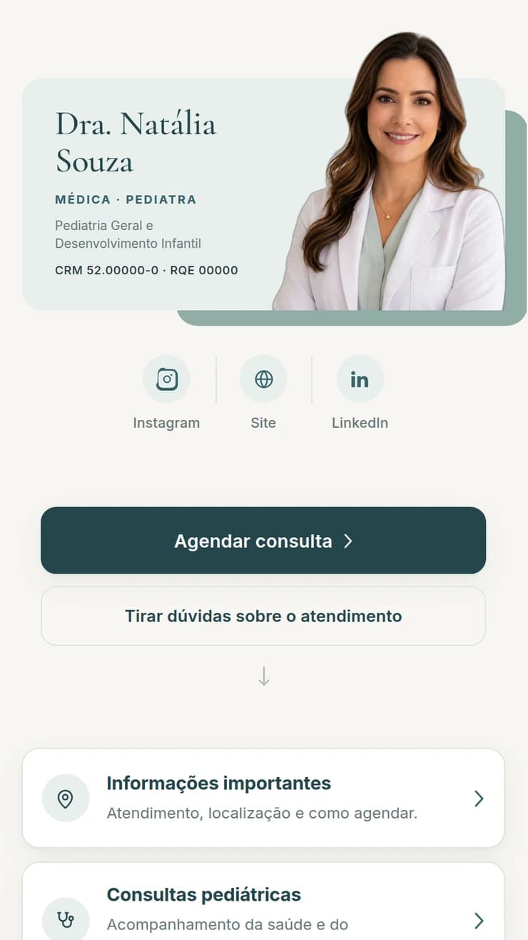 Bio Estratégica para pediatria — demonstração de página profissional
