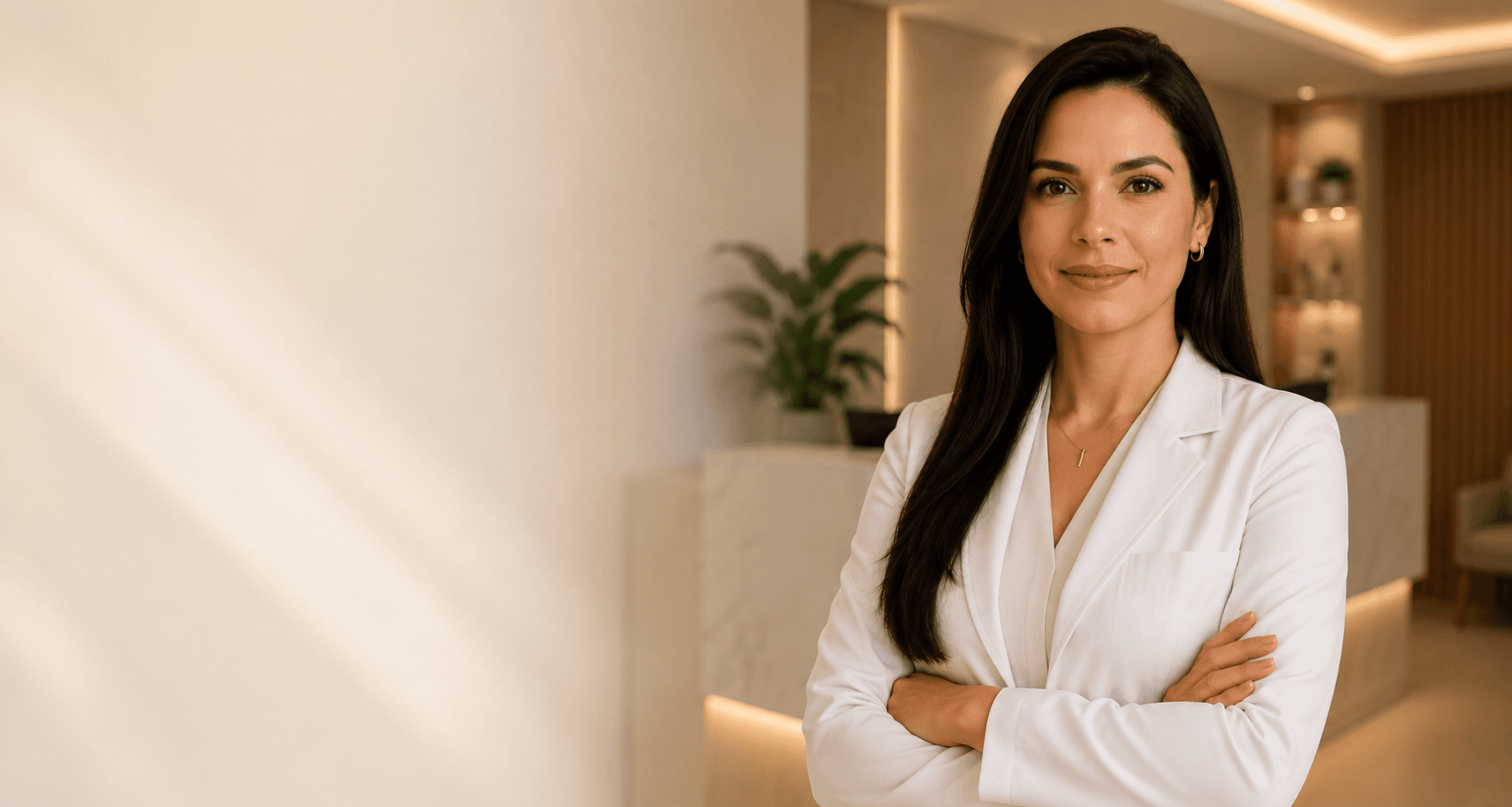 Dra. Débora Amaral, cirurgiã-dentista, na recepção da Amaral Odontologia Integrada.