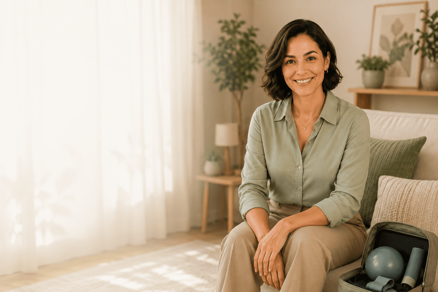 Amanda Cordeiro, fisioterapeuta, sentada na sala de uma casa, ao lado da maleta com os equipamentos de atendimento.