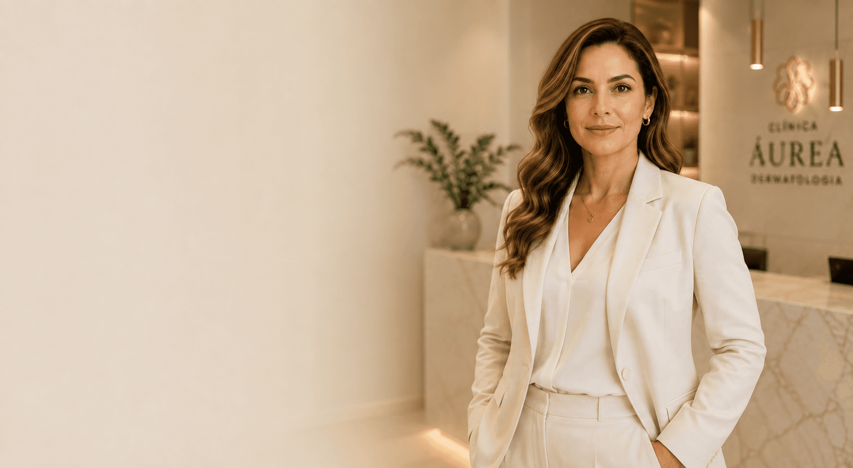 Dra. Helena Valença, dermatologista, na recepção da Clínica Áurea.