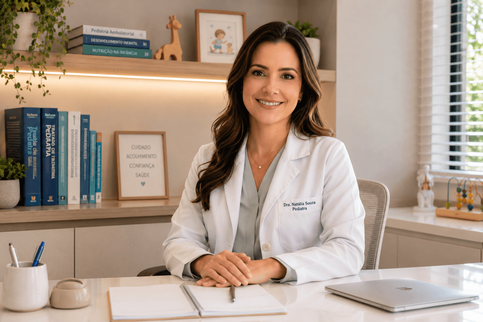 Dra. Natália Souza em seu consultório, à mesa de atendimento.
