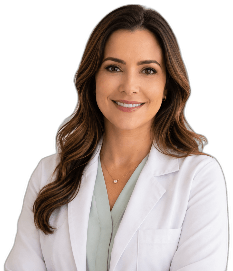 Dra. Natália Souza, médica pediatra, de jaleco branco.