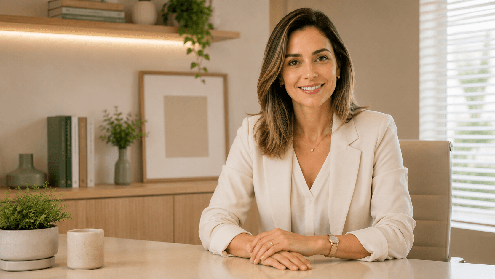 Marina Almeida, nutricionista, sentada à mesa do consultório.