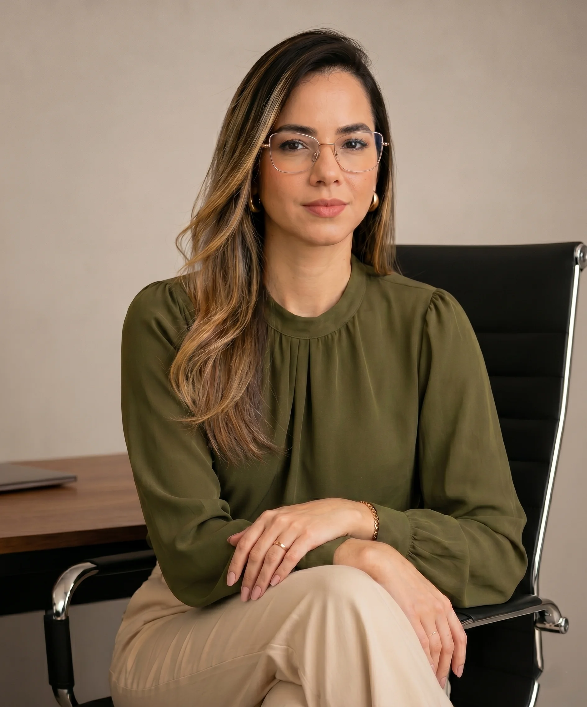 Tamires Câmara, estrategista de presença digital para profissionais da saúde Tamires Câmara em postura natural, em ambiente claro e profissional